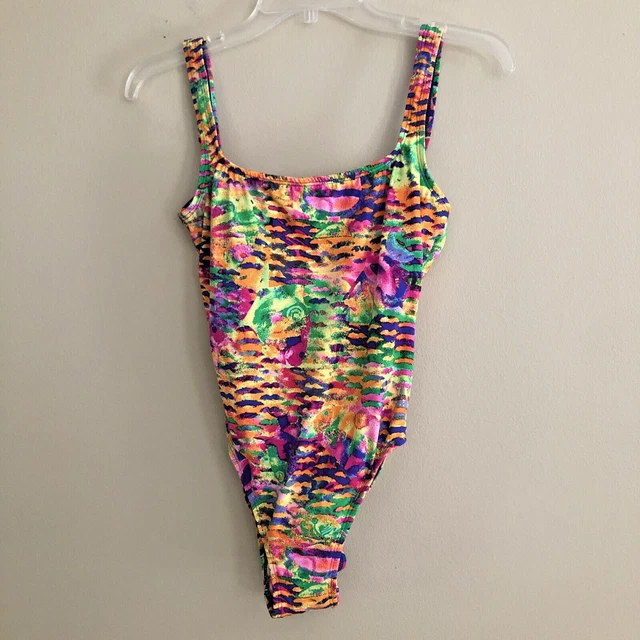 TALBOTS Womens One Piece Swim Suit Size 8 Square Neck High Leg Neon Fish NWOT