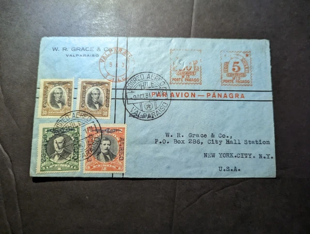 1931 Chile Airmail Cover Valparaiso to New York NY USA W R Grace