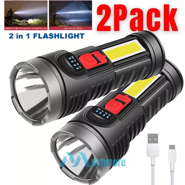 2 Pack LED Super Bright Flashlight Rechargeable Torch Tactical Lamp USB+ Battery