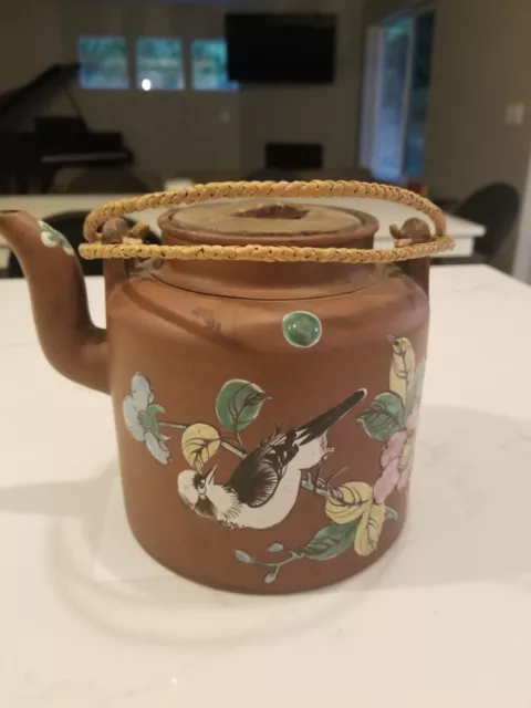 Antique Yixing Zisha Purple Clay Teapot With Colorful Bird/Floral Bamboo Trivet