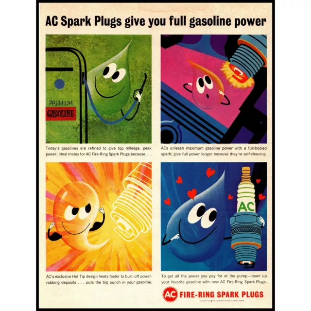 1963 AC Fire Ring Spark Plugs Vintage Print Ad Cartoon Drawing Wall Art 10x13