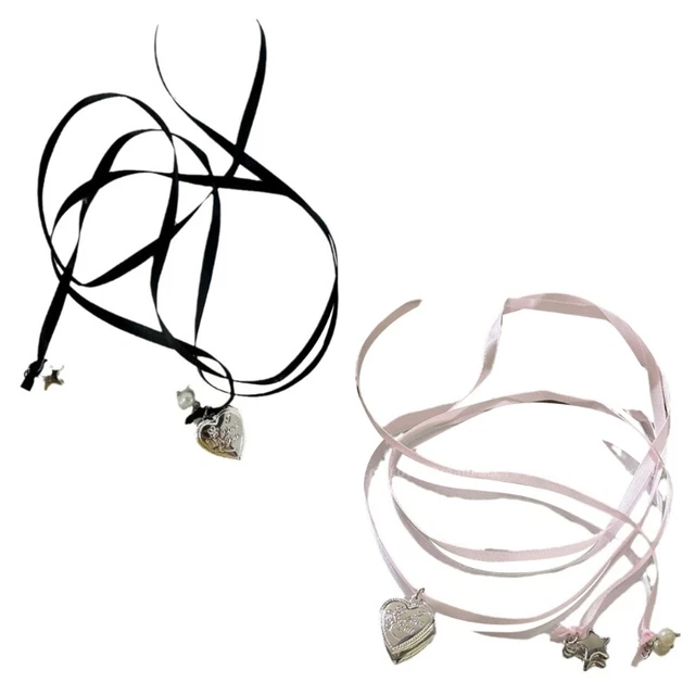 Long Ribbon Rope Choker Bowknot Clavicle Chain Heart Pendant Clavicle Jewelry