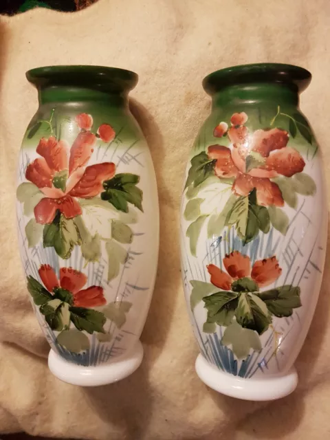 Pair of Victorian milk glass Floral painted glass vases c1900