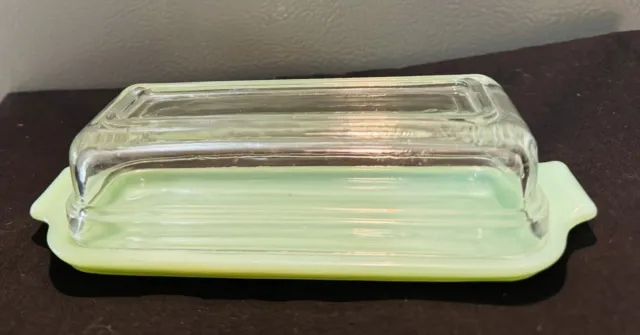 Vintage Fire King Green Jadeite Butter Dish Clear Glass Lid Cover EC Farmhouse