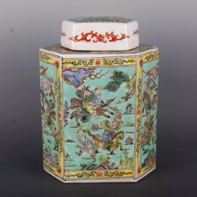 Chinese Green Famille Rose Porcelain Jar Qing Kangxi Warrior Pot Tea Caddy 12.4"