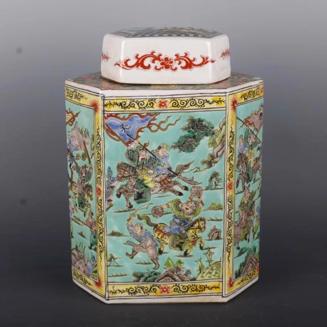 Chinese Green Famille Rose Porcelain Jar Qing Kangxi Warrior Pot Tea Caddy 12.4"