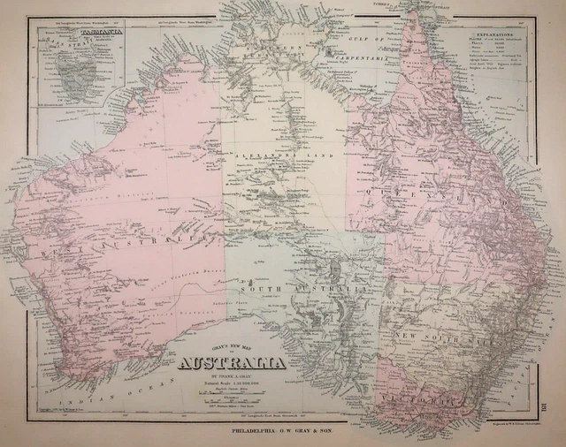 Authentic 1878 O.W. Gray Atlas Map ~ AUSTRALIA ~ FreeS&H   Inv#166