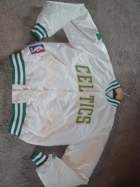 Vintage BOSTON CELTICS NBA White Rare Snap Satin Starter Jacket Large
