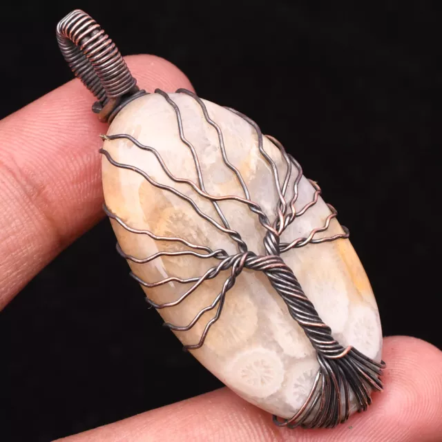 Fossil Coral Tree Of Life Gemstone Copper Wire Wrapped Handmade Pendant 2.09"