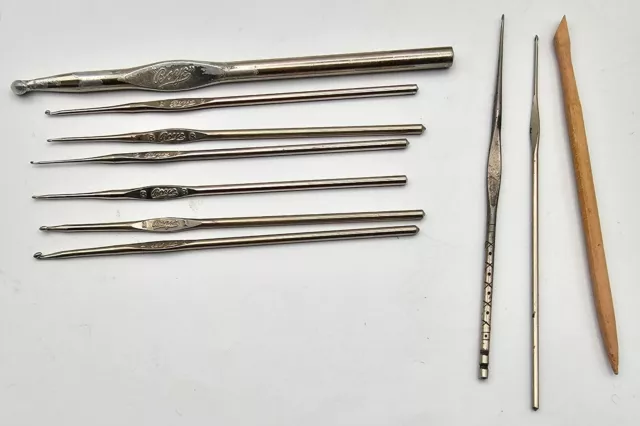 Lot 9 Vintage Steel Crochet Hooks ~ 7 Boye/ 2 Misc.