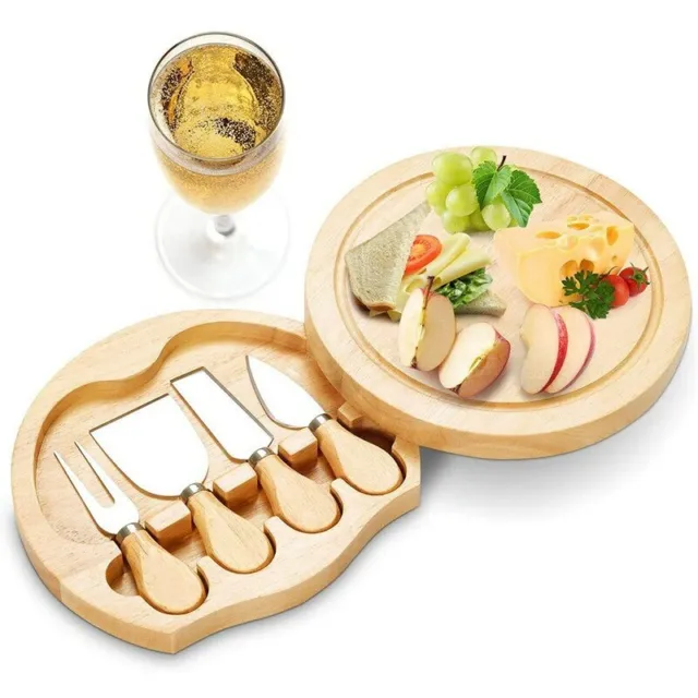 NEW Oval Cheese Board Wooden Board With Slide Out Drawer Set of 4 Knives Kitchen 3