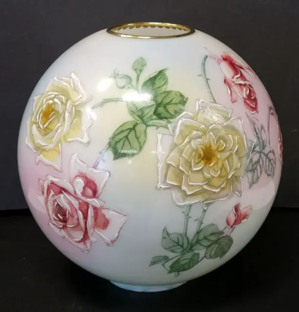 Antique vtg ROSES Hand-Painted 11" Glass Ball Shade GWTW Parlor Lamp 4" fitter