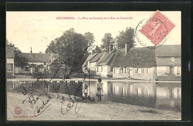 CPA Hétomesnil, laMare du Courroy et la Rue de Conteville 1905