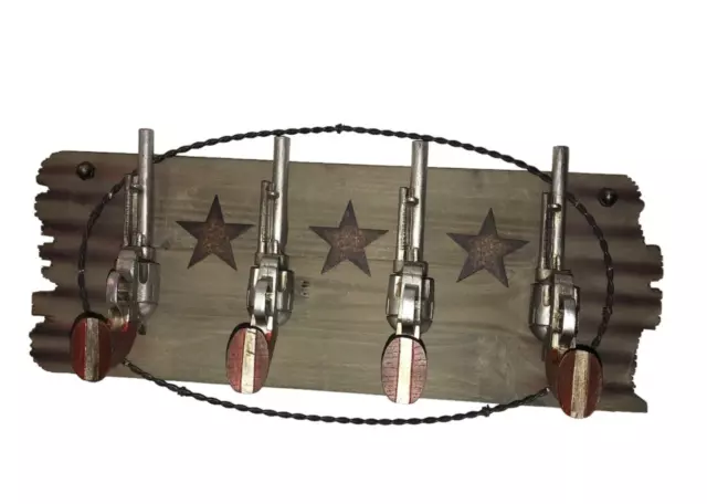 DECORATIVE WESTERN WALL MOUNT COAT RACK with FOUR FAUX HANDGUNS as HOOKS ~