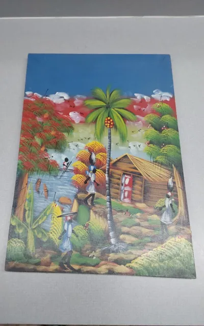 Original Vintage Haitian Oil Painting On Canvas Artist Signed 11.5 X 17 Inches