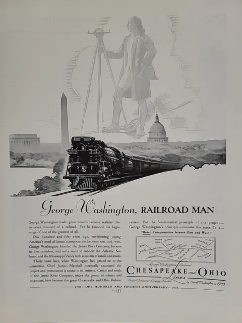 1935 Chesapeake and Ohio Lines Fortune Print Ad George Washington Railroad Man