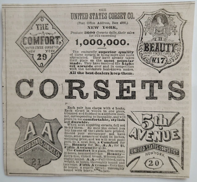 1875 US Corset Company New York Original Maine Newspaper Ad ~5x5"