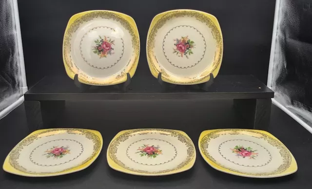 Set/5 Paden City Pottery 7 1/4" Square Bread/Dessert Plates Floral Gold Filigree