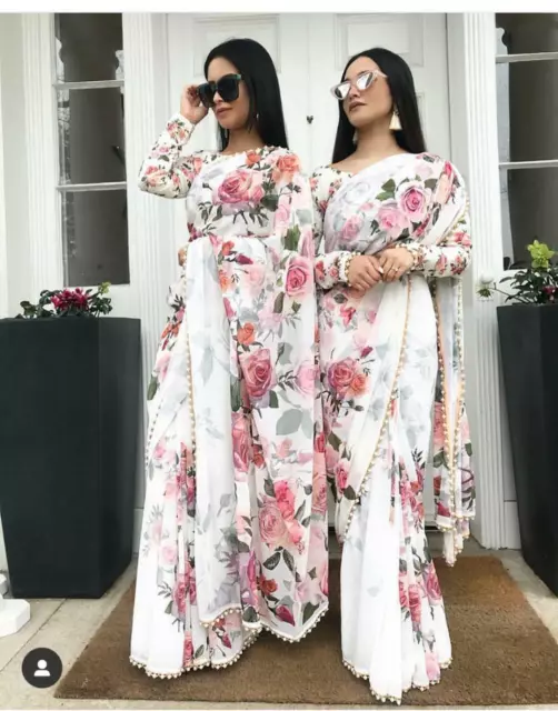White Floral Printed Saree Bollywood Indian Pakistani Wedding Designer Sari