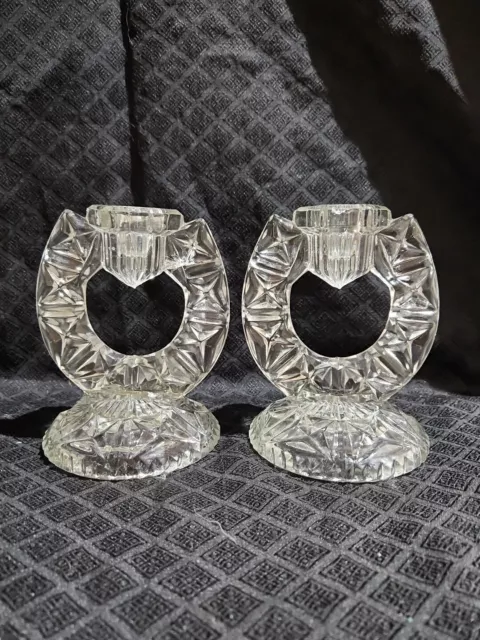 Vintage Glass Candlesticks Pair of Clear Candle Holders Art Deco 1930s Pressed