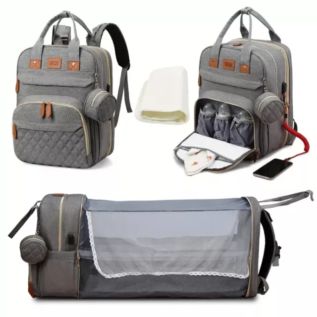 Diaper Bag Backpack, Multifunction Baby Bag with Changing Station, Foldable Crib