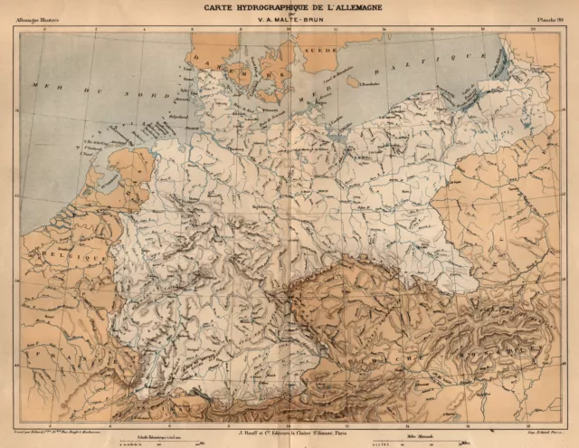 Allemagne Hydrografie Original Lithographie Carte Géographique Malte-Brun 1885