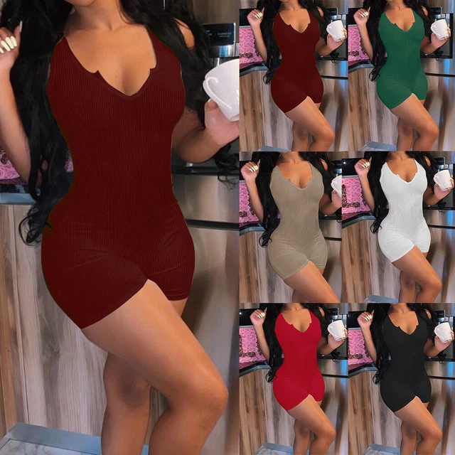 Womens Sexy Ribbed Sleeveless Bodysuit Stretch Leotard Shorts Romper Jumpsuit US