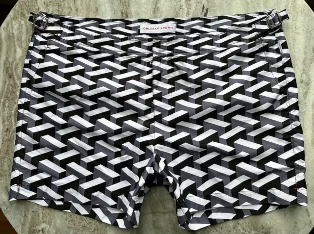 Orlebar Brown Setter Swim Trunk 36 Board Shorts Black Gray White Geometric Print