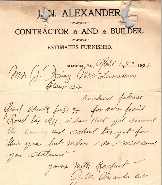 J N Alexander Madera PA 1911 Billhead Contractor and Builder