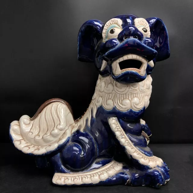 Chinese Foo Dog Ornament Guardian Lions Blue White Glaze Large Ball In Paw  -CP