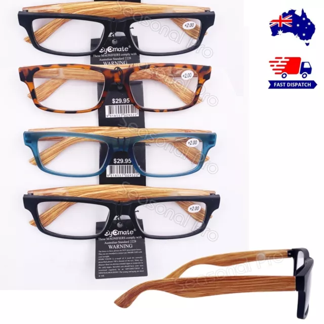4 Pairs Mens Womens Australian Standard Reading Glasses Fashion Bamboo Leg Look