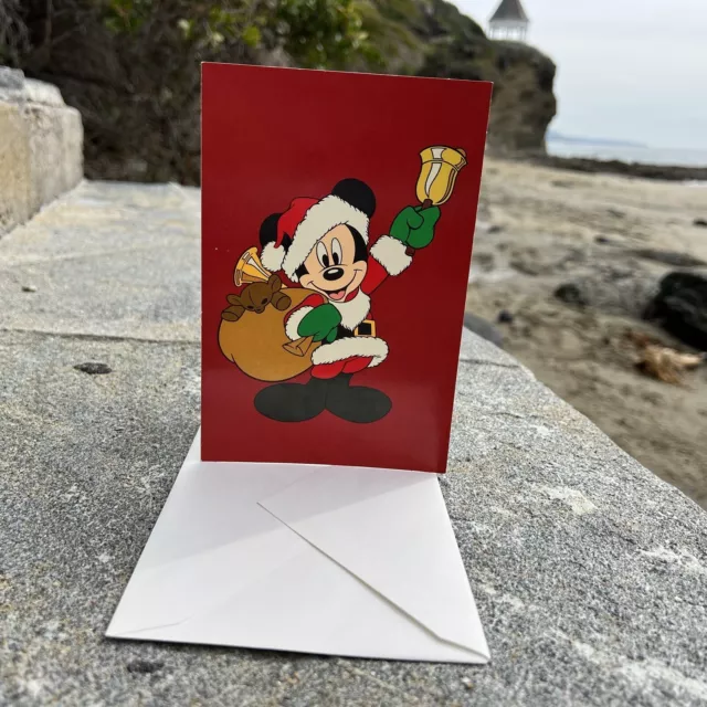 Disney Mickey Mouse Santa With Gift &Bell Christmas Greeting Card By Gibson