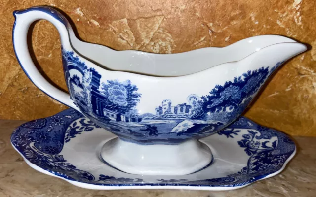 Spode Blue Italian Gravy Sauce Boat and Stand, 9 oz, Fine Porcelain - Blue White