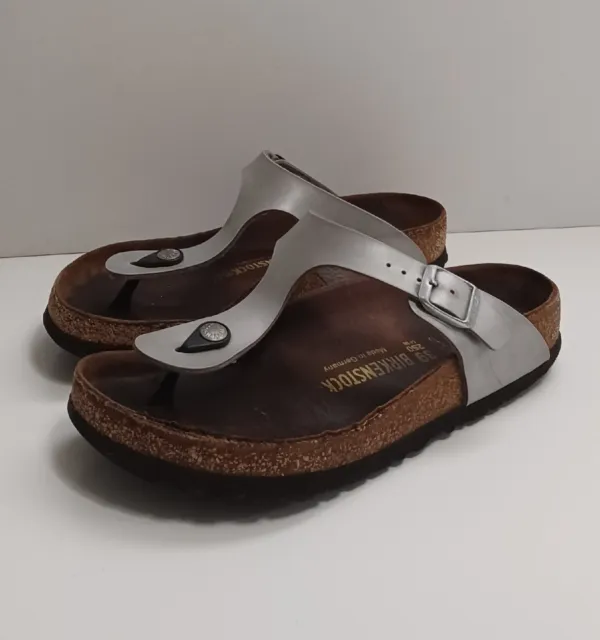 Birkenstock SIZE 39  Gizeh Slip On T-Strap Slide Sandals Silver