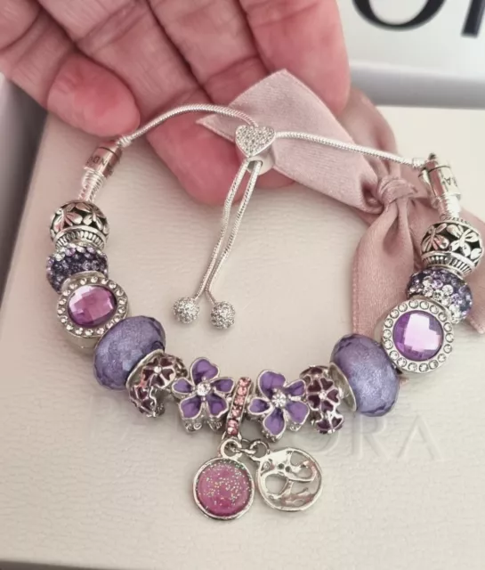 Genuine Silver Pandora Bracelet Adjustable S925 ALE + Purple Charms+Pandora Box