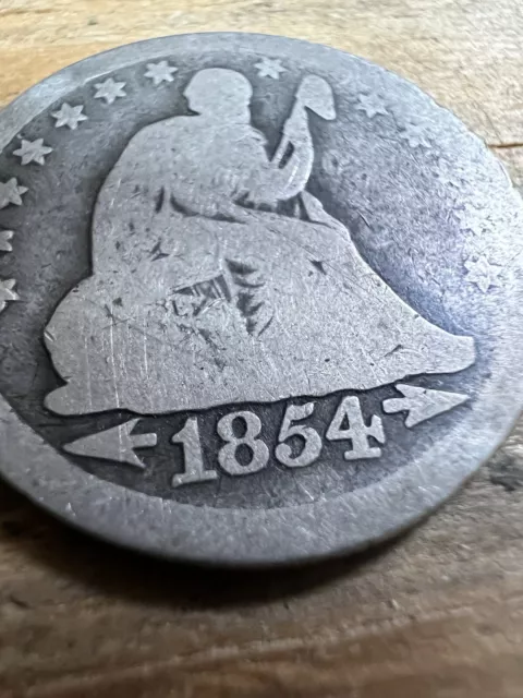 1854 Antique 90% Silver Seated Liberty Quarter 25C W Arrows US Historic Coin