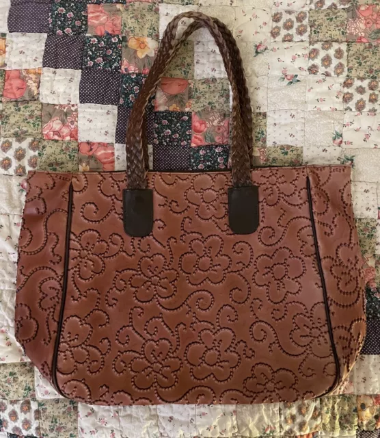 Barneys New York Brown Leather Embossed Floral Print Tote