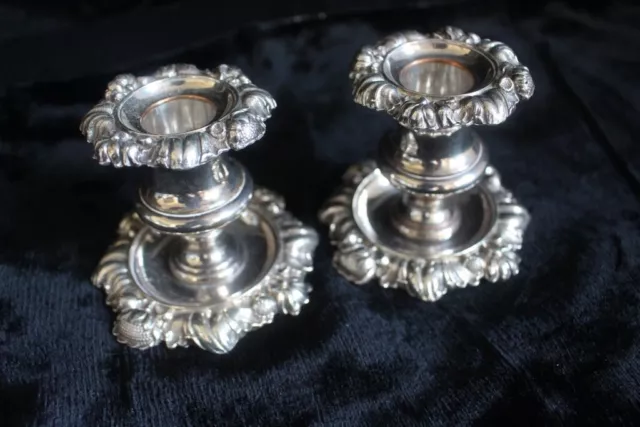 Antique Heavy Pair of Ornate Small Silver Plate Candlesticks