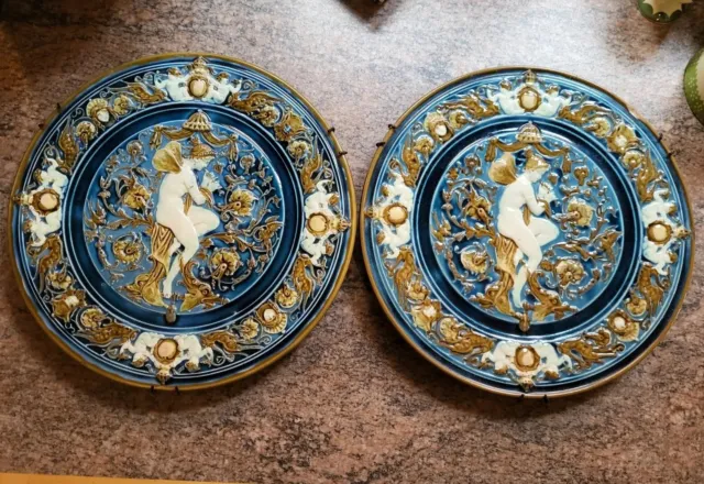 Pair Gebruder Schutz Majolica Austrian Wall Plates 19th Century 24cm