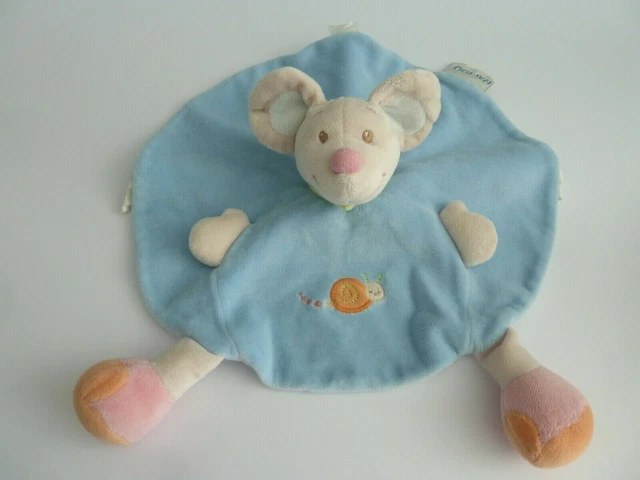 Q7. Doudou Plat Rond Nattou Souris Bleu Escargot Foulard Vert Tres Bon Etat