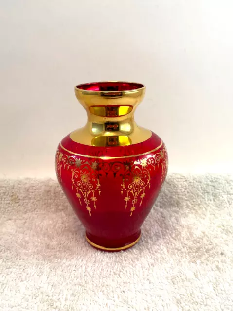 VTG Murano Venetian Ruby Red Glass Vase 24K Gold Trim 5"T Nice 3