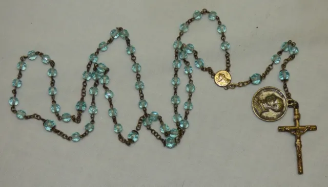 Vintage Blue Glass Bead Rosary w/ Crucifix & Pope Pius XII Medal Catholic 17.5"