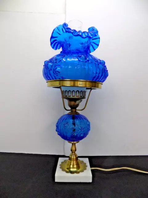 Vintage Fenton Student Table Lamp Blue Cabbage Rose Light E-40502 WORKS