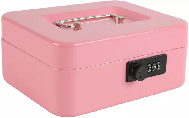 Steel Cash Box Safe Chest Key Lock Money Document Cash Jewelry Pink