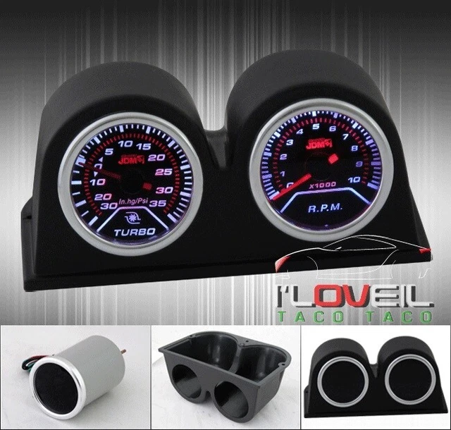 Turbo Boost Psi Gauge + Tachometer Rpm + Led Smoked Display Twin Pod Holder Kit