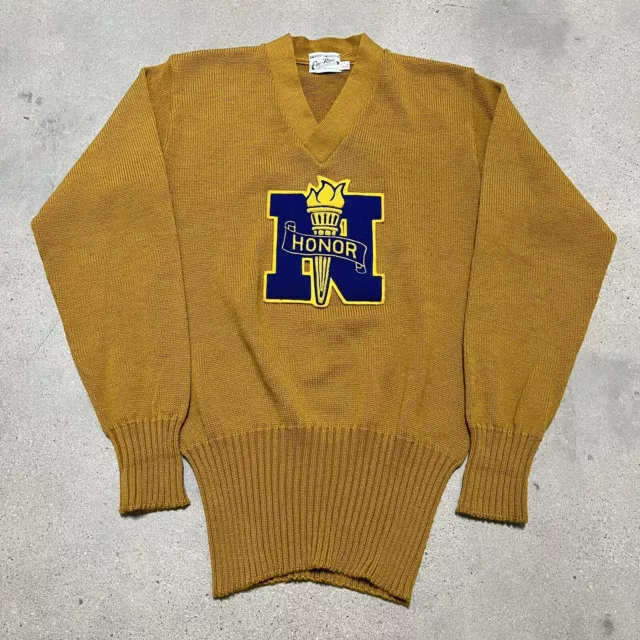 Vintage 50s Em Roe "N" Honor Collegiate V Neck Yellow Sweater Knitted Men's 42