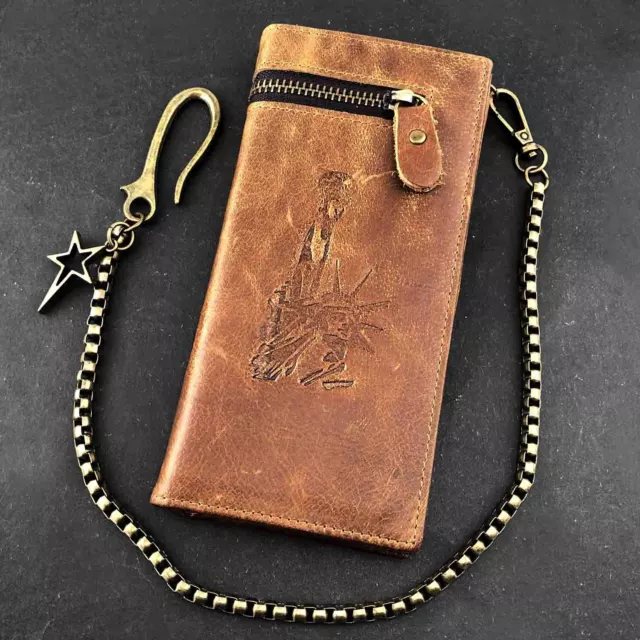 Biker Trucker Mens Genuine Leather Ziper Long Wallet With Metal Key Chain