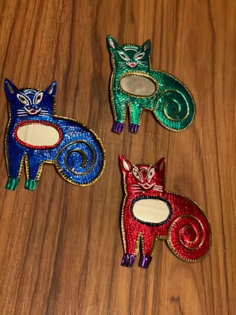 Mexican tin ornaments - 3 Cat mirror ornaments - Mexican art, cat art