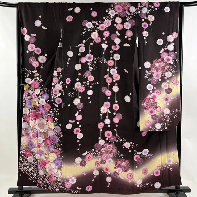 Woman Japanese Kimono Furisode Silk Flower Basket CherryBlossom Foil BrownPurple