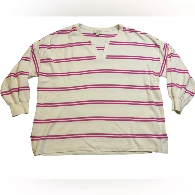 LOFT White & Pink Striped Split Neck Sweater